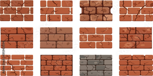 Collection of various cracked brick wall patterns, illustrative elements for design
