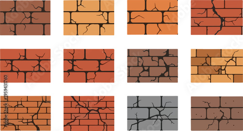 Set of Twelve Cracked Brick Wall Texture Seamless Patterns for Backgrounds and Design