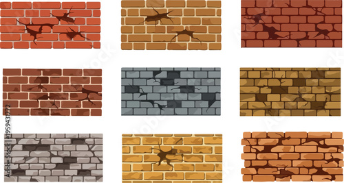 Collection of damaged brick wall textures in various colors and conditions