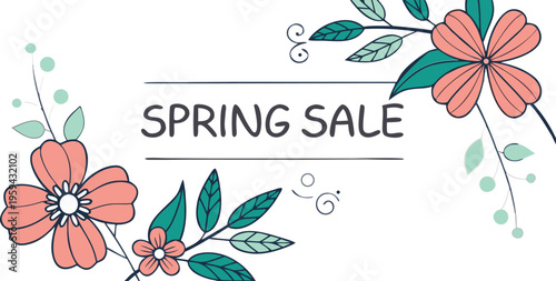 Blooming Spring Sale: An eye-catching spring sale banner, adorned with delicate floral arrangements and a clean, modern aesthetic, perfect for marketing promotions and seasonal discounts.