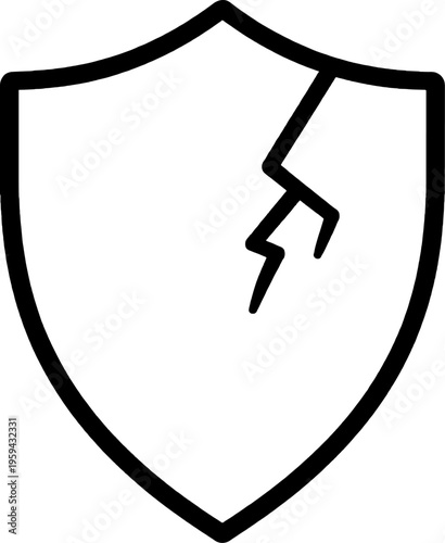Cracked Shield Minimalist Icon, Minimal Line Art Illustration of Damaged Protection Symbolizing Vulnerability, Broken Security, and System Failure.