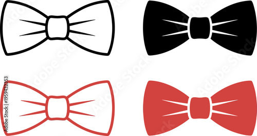 Elegant bow tie vector icons set, formal black and red necktie illustrations, classic tuxedo accessories for gala and wedding invitations