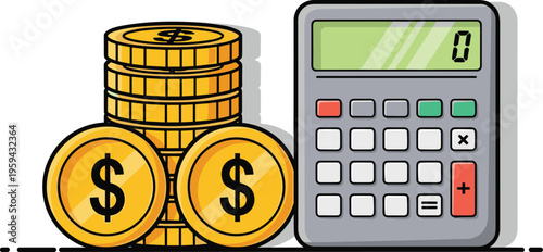 Stacks of golden dollar coins and a calculator, financial tools for accounting and budget management