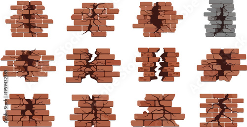 Set of cracked brick wall illustrations with various damages and holes