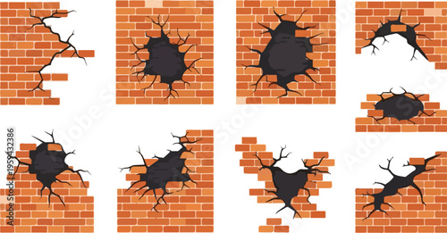 Set of realistic brick wall cracks and holes graphic elements for design