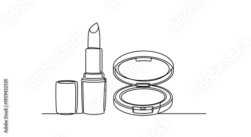 A minimalist line drawing shows a lipstick tube with its cap beside an open compact
