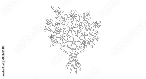 A delicate line drawing of a floral bouquet with various flowers and leaves