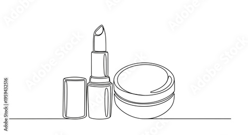 Minimalist line art of an open lipstick and cream pot on a white background