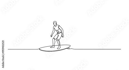 A lone figure surfs a wave with single line art