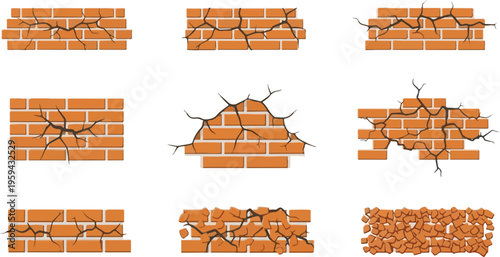 Set of various cracked brick wall illustrations and textures showing damage and wear