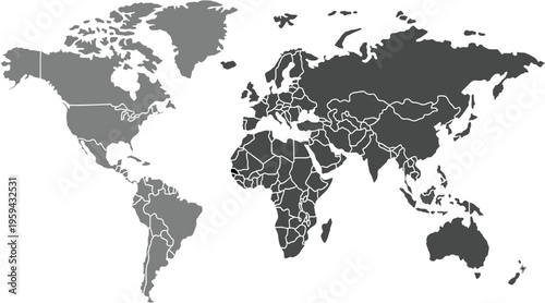 flat design world map silhouette in neutral grey tones