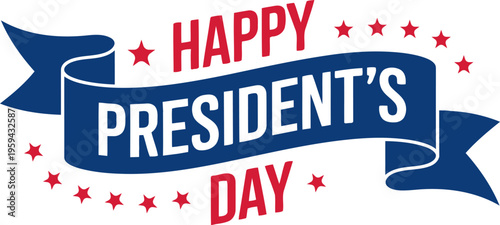 Happy Presidents Day vector banner with blue ribbon and red stars for American national holiday celebration greeting card and poster.