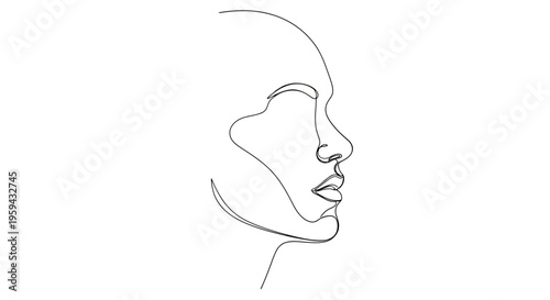 Minimalist one-line drawing of a serene face in profile, emphasizing delicate features