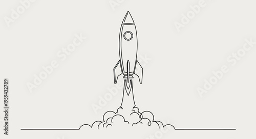 Line drawing of a rocket ascending with smoke trails
