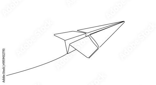 Minimalist line art of a paper airplane in mid-flight, trailing a curved line