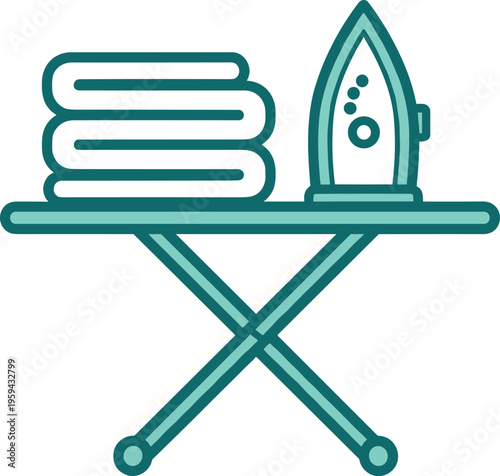 Laundry ironing board with stack of clothes and iron icon vector illustration for home chores