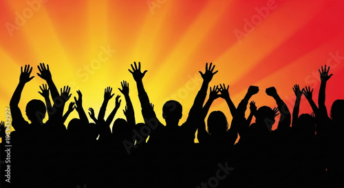 Silhouette of a cheering crowd with raised hands against a vibrant orange and yellow sunset background conveying excitement and celebration