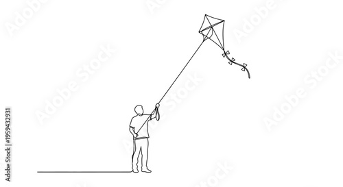 Single line drawing of a person flying a kite on a bright white background