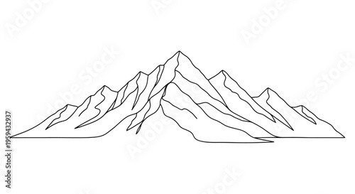 Minimalist line art depicts a range of rugged, peaked mountains