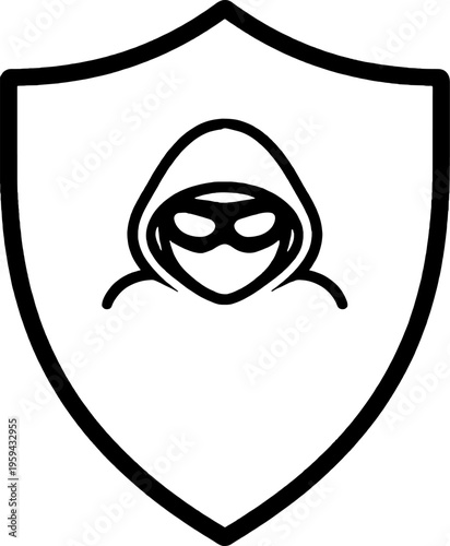 Minimalist Shield Icon with Hacker Silhouette Line Art Illustration - Security Symbol, Cyber Threat Protection, Anonymous Hacker Concept