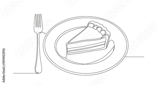 Minimalist drawing of a slice of layered cake on a plate with a fork