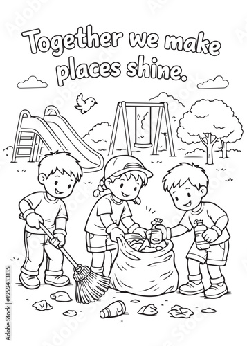 coloring book page boy and girl cleaning a playground and making the place shine