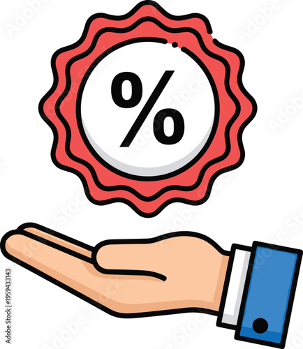 Hand holding a percentage discount seal icon signifying special offers sales promotions and marketing deals