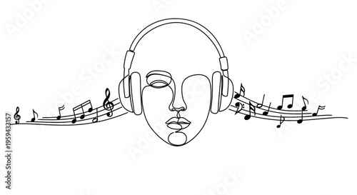 Abstract depiction of a face wearing headphones, surrounded by musical notes