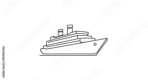 A simple black outline drawing of a cruise ship with multiple decks and two smokestacks