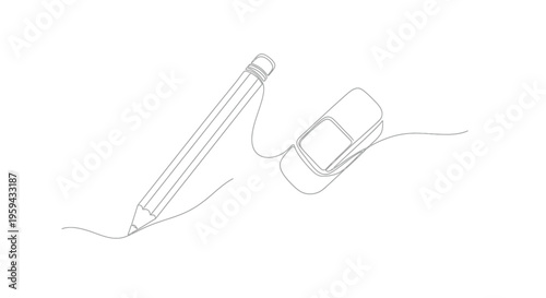 Gray pencil and eraser connected by a single line, suggesting creation and correction