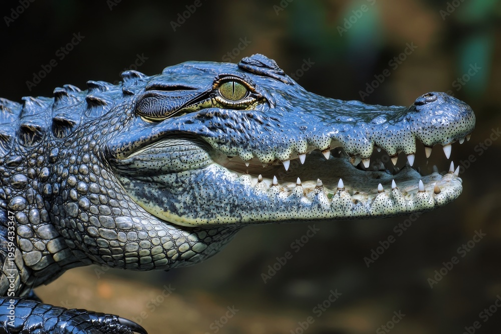 Obraz premium Nile crocodile displaying scales and claws in natural habitat during daytime
