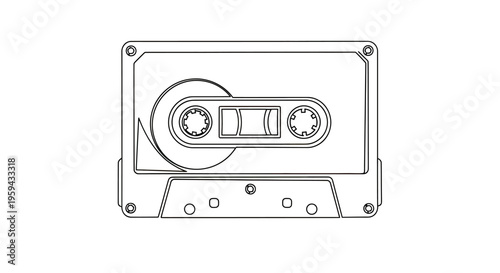 Monochrome line art depicts a retro audio cassette tape with spools and recording window