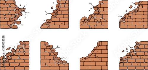 Broken brick wall corner sections with pieces crumbling away, vector graphics