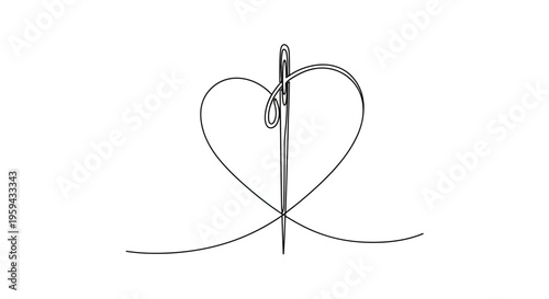 A single line drawing of a needle piercing a heart shape