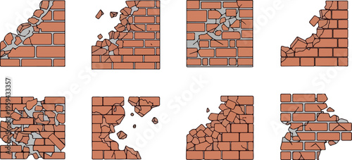 Brick wall breaking apart and crumbling into pieces, representing destruction and damage