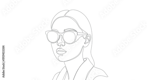 Minimalist line drawing of a woman wearing oversized glasses and a collared shirt