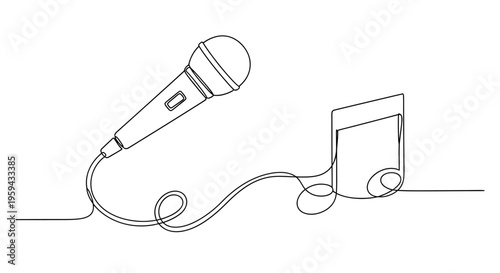 Minimalist line drawing of microphone connected by cord to musical note