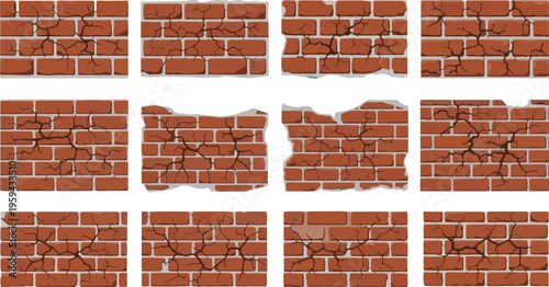 Cracked red brick wall sections with distressed surfaces and weathered textures
