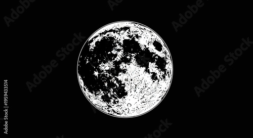 A stark, high-contrast illustration of the full moon against a black void