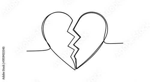 Minimalist single line drawing of a broken heart on a white background