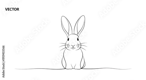 A minimalist line art drawing of a fluffy rabbit sitting on a thin line