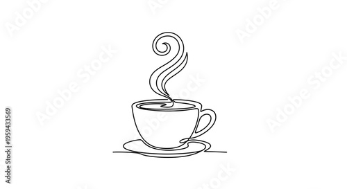Minimalist single line drawing of a steaming coffee cup on a saucer