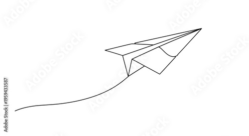 A simple black line drawing of a paper airplane in flight, leaving a trailing line