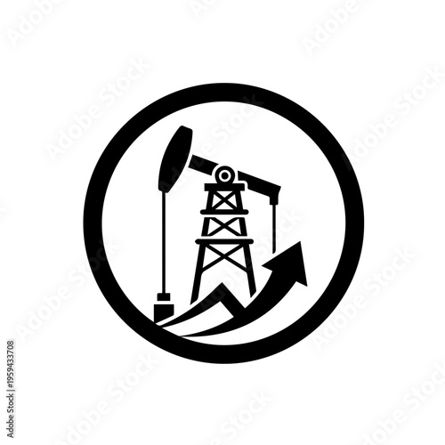 Striking vector graphic of an oil pumpjack with an upward arrow, symbolizing the robust growth, expansion, and development of the petroleum industry and global energy economy