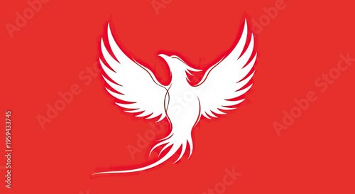 Stylized white phoenix with outstretched wings on a bold red background