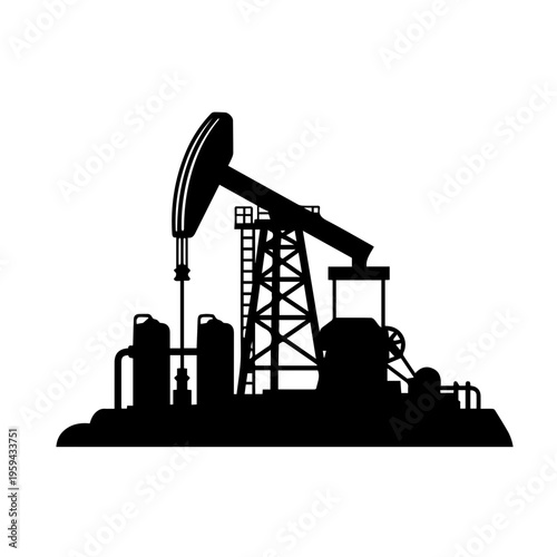 Clean vector graphic silhouette of an oil pumpjack and industrial infrastructure, symbolizing energy extraction, fossil fuel production and the petroleum industry