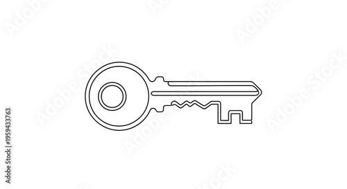 A minimalist black and white outline drawing of a single house key