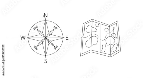 Stylized compass and map with dotted path show a journey