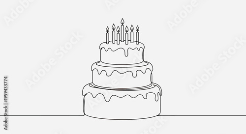 Single-line drawing of a three-tiered cake with seven lit candles