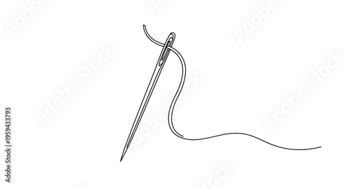 Minimalist line drawing of a needle and thread on a white background